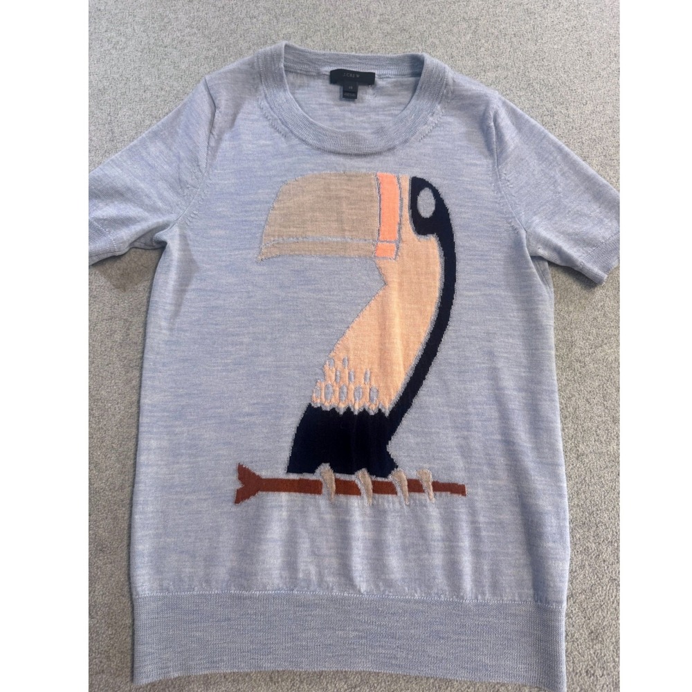 J.Crew Toucan Intarsia Sweater Womens XS Gray Short Sleeve Knit Tropical Preppy